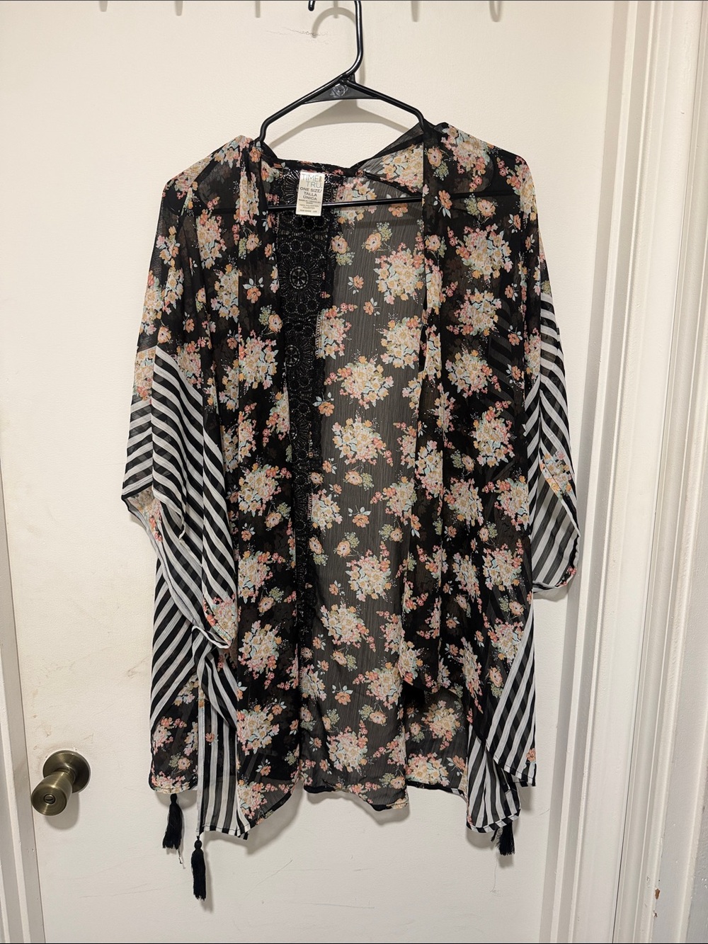 Time and Tru Black Floral Sheer Kimono with Striped Sleeves